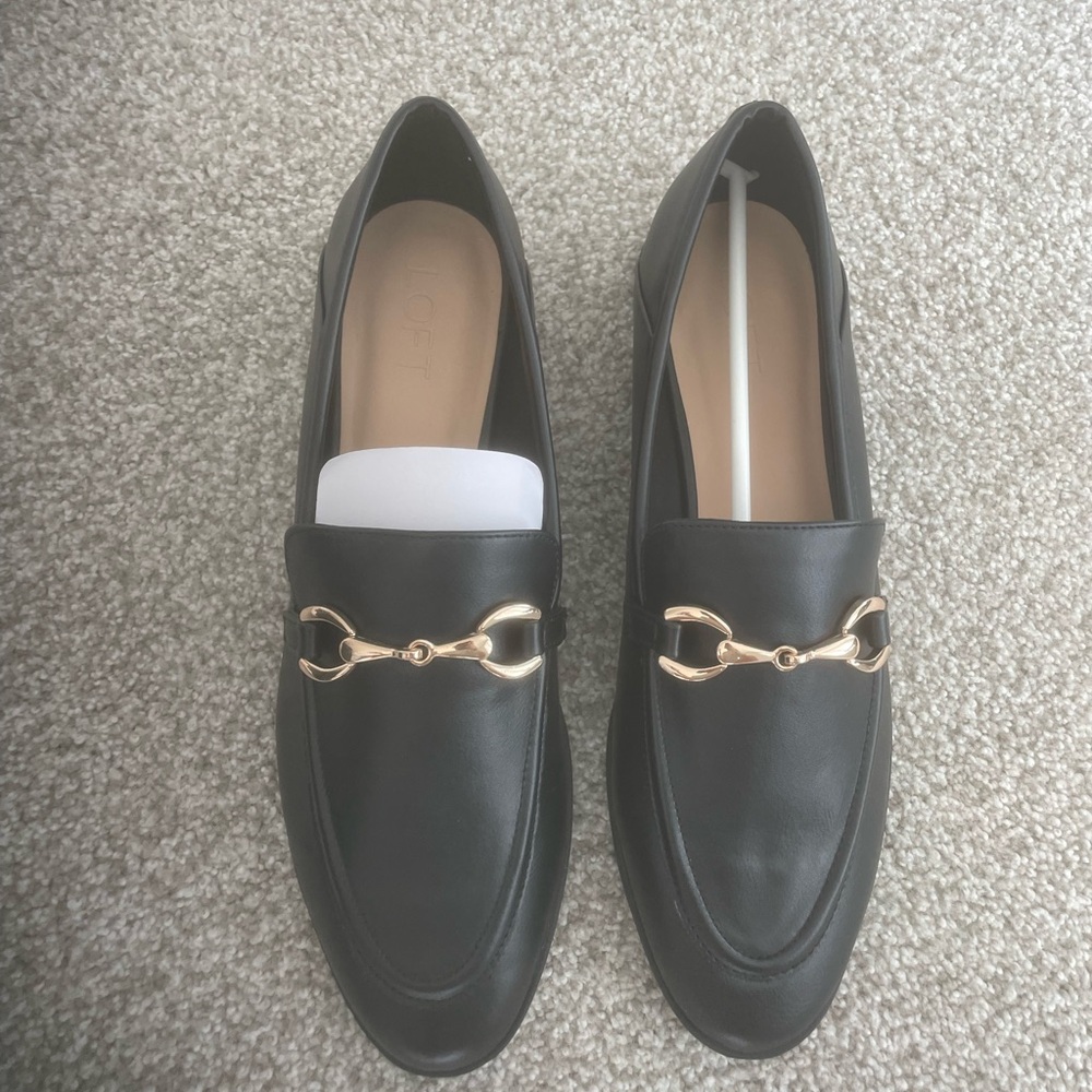 LOFT Black Leather Loafers with Gold Horsebit